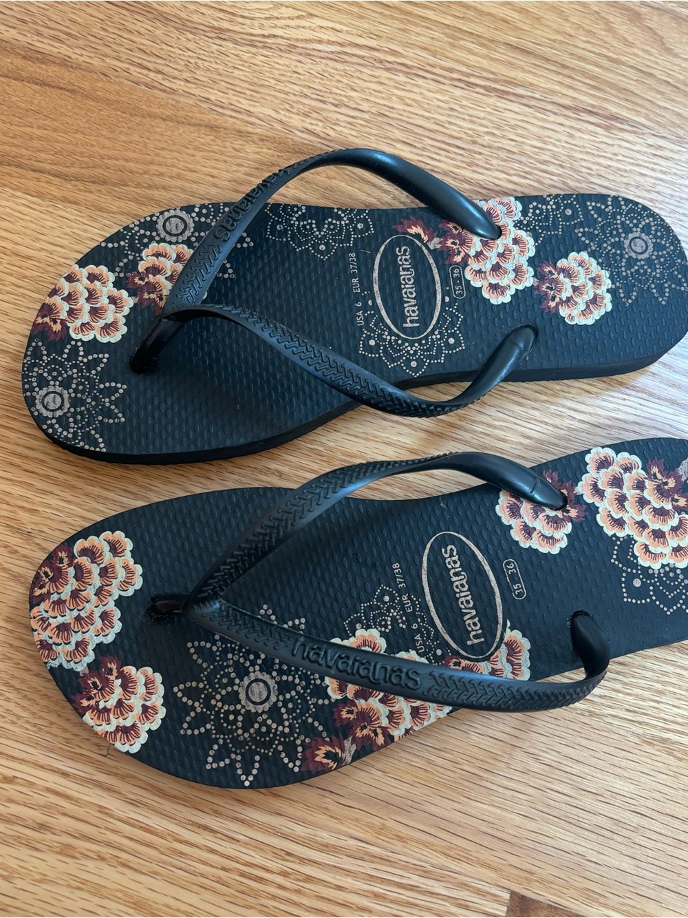 Havaianas Black Flip Flops with Cream and Brown Floral Print
